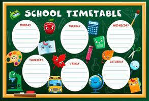 Education timetable, school stationery characters vector