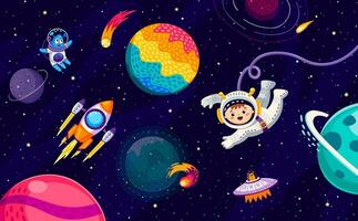 Cartoon kid astronaut, alien, and rocket spaceship vector