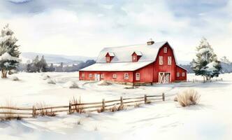 A watercolor illustration of a red farm house and pine trees photo