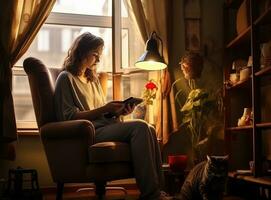 Woman in reading book in autumn photo
