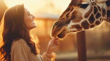 Happy young woman feeds giraffe photo