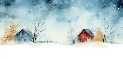 A watercolor illustration of a red farm house and pine trees photo