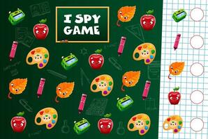 I spy game, cartoon school stationery characters vector