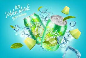 Ice melon drink can. Melon slice, water splash, vector