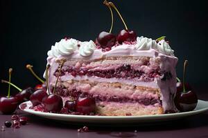 Cherry cake with whipped cream on the table. Generative AI. photo