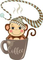 Sleepy monkey with hat inside cup of coffee vector