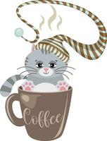 Sleepy cat with sleeping hat inside cup of coffee. vector