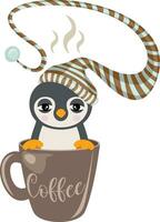 soñoliento pingüino con dormido sombrero dentro taza de café vector