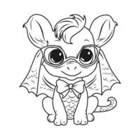 A vector of a cute dragon in black and white coloring.