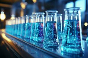 Pipette dispenses blue chemical into empty glass test tubes for science research AI Generated photo