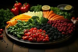 Nutrition and diet plan harmoniously blend with fresh vegetables and fruits AI Generated photo