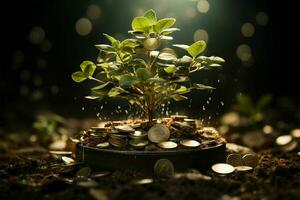 de la naturaleza inversión, dinero crece me gusta un árbol en fértil suelo, negocio prospera ai generado foto