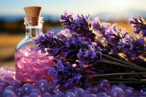 Panoramic lavender view, flacons of essential oils enhance the healing ambiance, aromatherapy haven AI Generated photo