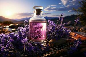 Panoramic lavender view, flacons of essential oils enhance the healing ambiance, aromatherapy haven AI Generated photo