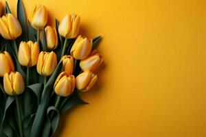 Easter and Womens Day concept, tulip frame on yellow with copy space AI Generated photo