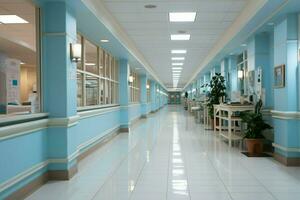 lujoso hospital corredor, desenfocado, emana un sereno y pacífico atmósfera ai generado foto