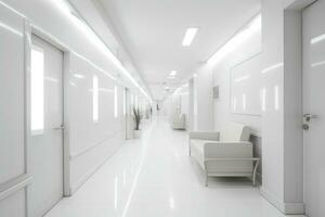 corredor en el clínica con esperando areas para pacientes con un oficina para un médico foto