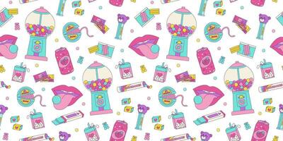 Seamless pattern of colorful sweets, bubble gum from the 80s 90s, retro style, nostalgic elements. Vector background in vintage style