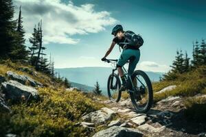 Mountain biking woman riding on bike in summer mountains forest landscape. Generative AI photo