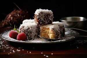 Lamingtons, sponge cake with chocolate and coconut. Generative AI photo