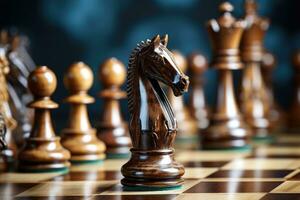 Wooden chess pieces on a chessboard. Closeup. Chess pieces on the chessboard. closeup, AI Generated photo