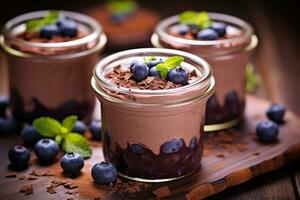 Chocolate mousse with fresh blueberries and mint in glass jars. Chocolate mousse with fresh blueberries in glass jars, selective focus, AI Generated photo