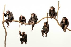 chimpancé mono sentado en un rama aislado en blanco fondo, chimpancés colgando en arboles en diferente posiciones en un blanco fondo, lado vista, ai generado foto