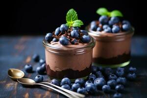 Chocolate mousse with blueberries and mint in glass jars, selective focus. Chocolate mousse with fresh blueberries in glass jars, selective focus, AI Generated photo