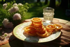 A platter of crispy onion rings. Generative AI photo