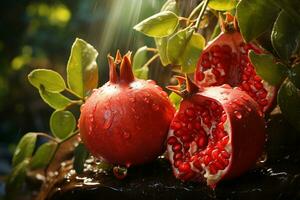 Tantalizing pomegranate seeds amidst lush foliage, a tropical paradise AI Generated photo