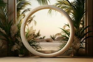 Pygmy palm branches form oval frame on sandy background AI Generated photo