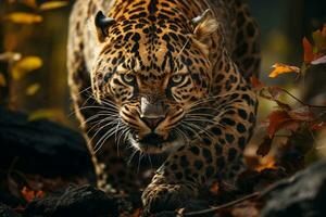 Wild encounter, close-up of a fierce leopard, hidden in the woods AI Generated photo