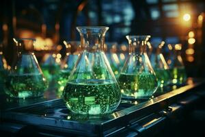 Chemistry science theme enhanced by a captivating laboratory glassware setting AI Generated photo