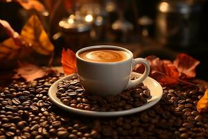 Cafe ambiance warm tones, background full of freshly roasted coffee beans AI Generated photo