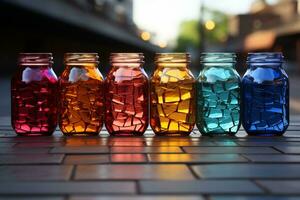 Colorful jars align a cobblestone fence under the vibrant rainbows end AI Generated photo