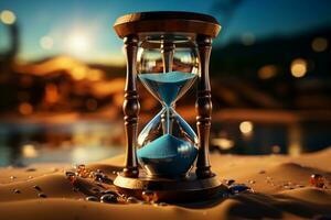 Flowing sand in hourglass on blue background, inviting text insertion, seen up close AI Generated photo