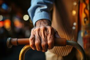 Elderly hand grips walker, portraying resilience in close up shot of senior AI Generated photo