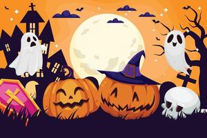 Halloween background with pumpkins, ghosts and a graveyard vector