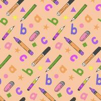 Stationary and alphabet pattern in kids pastel colors. Colorfull vector isolated characters and stationary items. Suitable for decoration, textile, wrapping, background, banner, social media graphics
