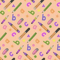 Stationary and alphabet pattern in kids pastel colors. Colorfull vector isolated characters and stationary items. Suitable for decoration, textile, wrapping, background, banner, social media graphics