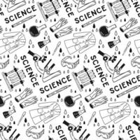 Flat vector doodle black and white science pattern. Simple sketch hand drawn seamless design. Black isolated science items on white chalkboard. Suitable for decoration, textile, wrapping, background