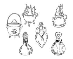 Set of doodle hand drawn witch potion and cauldron. Minimalistic sketch design for Halloween. Black sketch witches elements on white background. Ideal for coloring pages, stickers, tatoo. vector