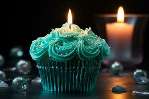 Heart topped cupcake with blue candle, crowned by green cupcakes, tempting and delightful AI Generated photo