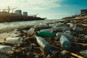 ambiental degradación visible en un ensuciado playa con el plastico botellas ai generado foto