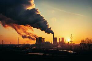 ambiental contaminación, grueso fumar desde fábrica tubería y nuclear planta ai generado foto