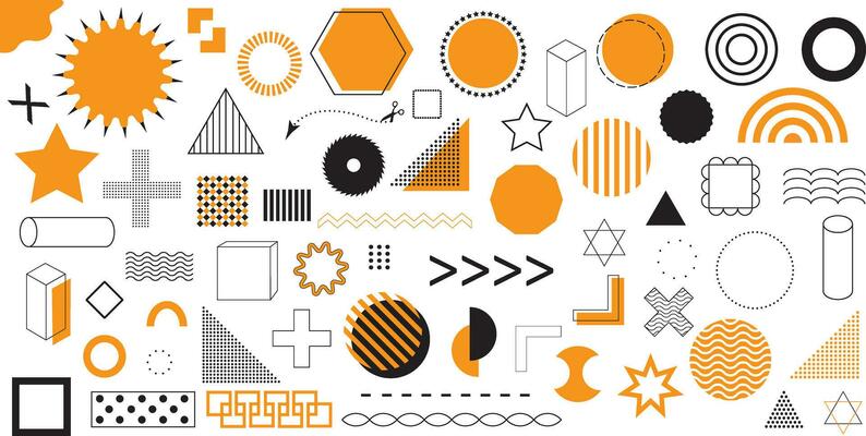 Geometric shapes bundle. Memphis graphics style icons for creating posts, lefleats, banners, social media posts. Modern minimalist shapes.