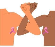 pecho cáncer conciencia y prevención concepto, multiétnico mujer participación manos. rosado octubre mes hembra cuidado de la salud Campaña solidaridad web modelo diseño. rosa vector dibujos animados ilustración