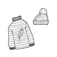 Cozy knitted sweater and hat. Hand-draw cozy autumn or winter woolen clothes in doodle style for your design. Black contours isolated on a white background. vector