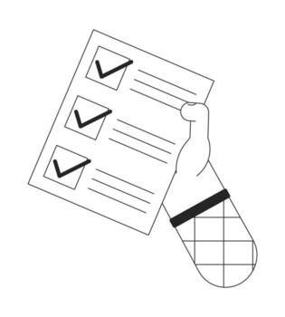 Holding checklist bw concept vector spot illustration. Completed tasks. To do list 2D cartoon flat line monochromatic hand for web UI design. Editable isolated outline hero image