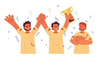 Men celebrating victory flat concept vector spot illustration. Winning. Teammates with cup. Party with confetti 2D cartoon characters on white for web UI design. Isolated editable creative hero image